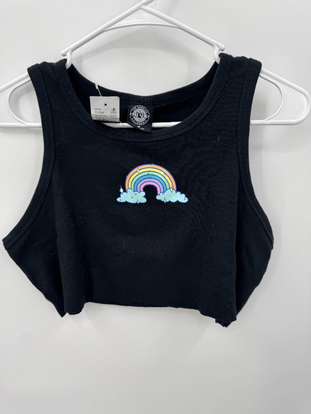 PacSun Rainbow Graphic Cropped Tank Top Womens Medium Black Raw Hem Y2K Ribbed